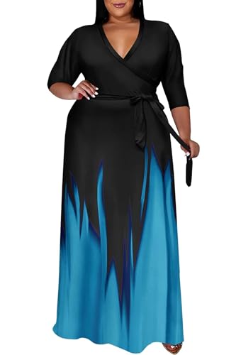 Image of Runwind Plus Size Dresses for Women Gradient Maxi Dress Flowy 3 /4 Sleeve with Belt