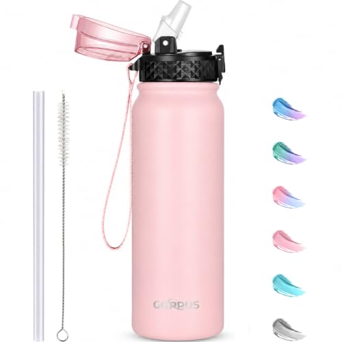 GOPPUS 600ml/20oz Stainless Water Bottle with Straw Double Wall Insulated Bottles with Strap One Hand Open Vacuum Thermal Flask Leakproof Keep Cold Drinks Bottles BPA Free for Adults (Pink)
