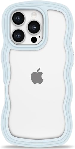 Image of GoldKart iPhone 16 Pro Max Case Wavy Edge Clear Back Design, Anti-Slip Grip Cute Wave Curly Frame Shape Shockproof Soft TPU & Hard PC Bumper Protective Phone Case Cover for Women Girls - Light Blue