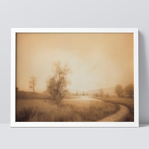 SIGNWIN Framed Sepia Vintage Antique Retro Countryside Road Wall Art, Nature Wilderness Wall Decor Prints, Scenic Multicolor Cozy Colorful Wall D¨¦cor for Living Room, Bedroom - 12'x16' White