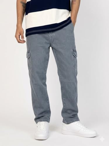 Image of Men's Grey Cargo Denim Jeans, 6 Pocket Straight Fit, Casual Wear