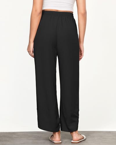 GRAPENT Linen Pants Women High Waisted Wide Leg Casual Beach Pull On Elastic Waist Summer Cropped Pants with Pockets2