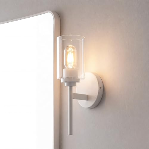 Image of JONATHAN Y 13 inch White Clear 1-Light Metal Cylinder Wall Sconce Farmhouse Industrial Modern Indoor Lighting for Hallway Bathroom with Glass Shade LED Bulb Included JYL9547E