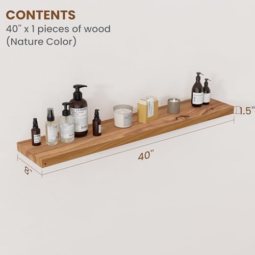 Image of Floating Shelves for Wall Decor, 8 inch Deep Rustic Solid Elm Wood Floating Shelves Wall Mounted, Wall Shelves with Invisible Bracket for Living Room Bathroom Bedroom Kitchen, 40 Inch Set of 1, Natural