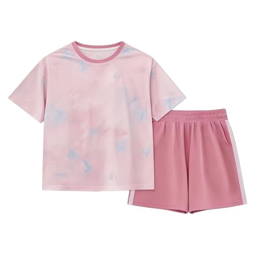Tilozs Mädchen Kurz Atmungsaktiv Sport Set Kinder Training Jogging Trainingsanzug 2tlg Bekleidungsset Rosa 122-128(Größenetikett 130)