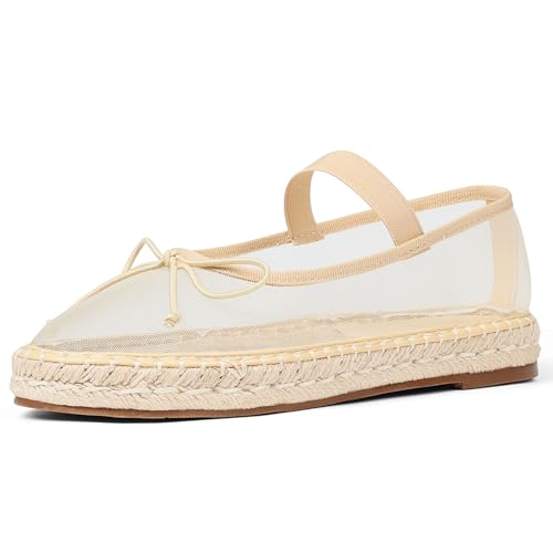 Goiphrri Mesh Mary Jane Flats for Women Platform Espadrilles Bow Knot Mary Janes Straw Mesh Ballet Flats for Women Flatform Dress Pumps