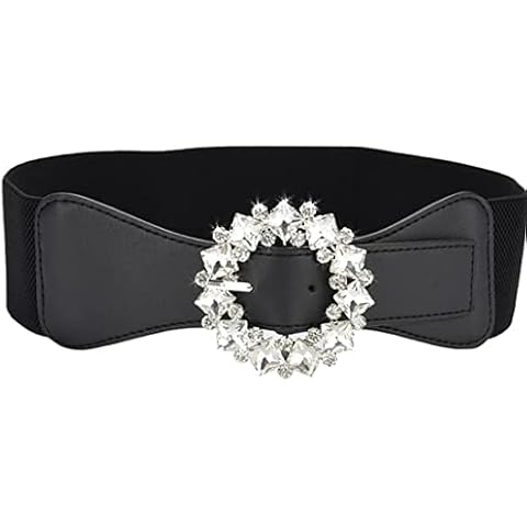 ICGSUQR Women Rhinestone Elastic Waist Belts For Dresses Jumpsuit With Blingbling Circle Buckle Ladies Wide Dressy Strentch Waistbands Cover