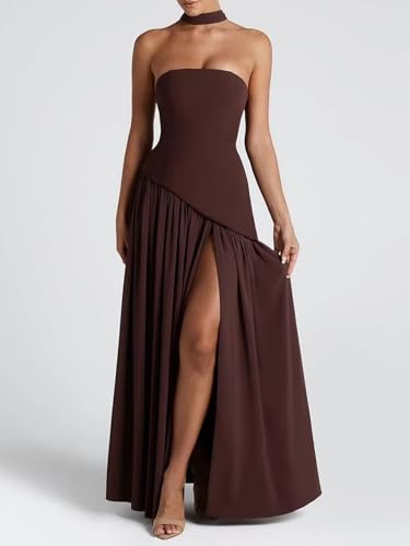 Strapless Satin Bridesmaid Dresses for Women 2025 Halter A Line Prom Dress Split Pleated Formal Party Gowns with Scarf P1662