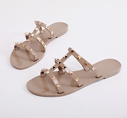 Image of Women Flats Sandals, Studded Jelly Shoes Size 9 Red Dressy Summer Beach Rivets Strappy Jellies Slide Slip On Open Toes