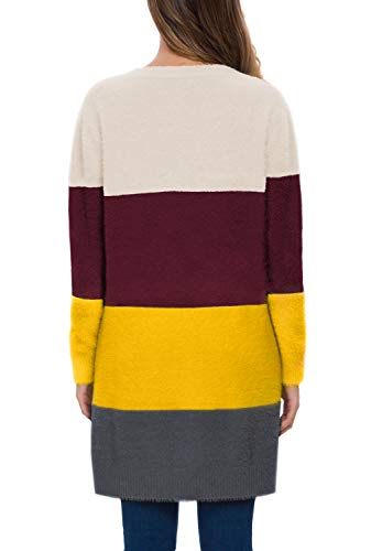 Qixing Women's Casual Open Front Knit Cardigans Plush Fuzzy Sweater Coat With Pockets Color Stitching #TOP4