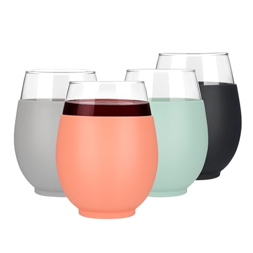 Tronco 20oz Stemless Wine Glasses Set of 4, Reusable Wine Glasses with Silicone Sleeve, Dishwasher...