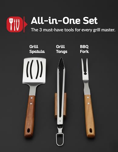 3 PCS BBQ Tool Set – Stainless Steel Grill Accessories Kit with Spatula, Fork & Tong – Heavy Duty Barbecue Utensil Set for Outdoor Cooking, Camping & Backyard BBQ - Image 2