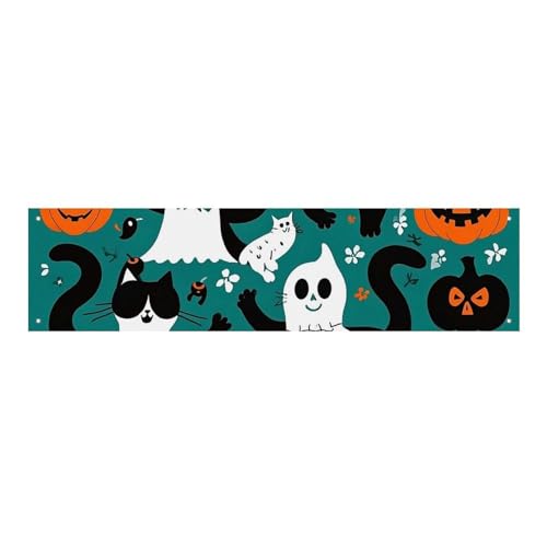 Grande bannière personnalisée chat noir parmi les fantômes et les zombies - Panneau de fête en polyester 300D pour intérieur et extérieur - Bannière...