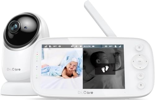 Dr.Care Baby Monitor Video e Audio – Senza WiFi a bassa radiazione, rilevamento movimenti, schermo HD 1080P da 5', visione notturna & pan-tilt, batteria lunga durata 5000mAh, VOX, audio bidirezionale