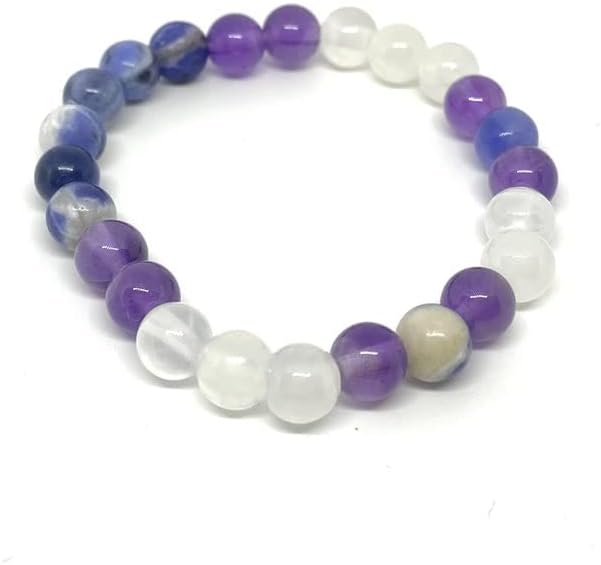 Miniatura 3 de Pulsera unisex de amatista, selenita y sodalita de 0.315 pulgadas (0.315 in) con cuentas redondas lisas elásticas de 7 pulgadas para hombres,