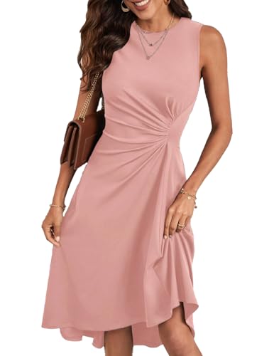 HUXRAKV Vestito Donna Elegante da Cerimonia Abito Solido Pieghe in Vita Abito Midi con Linea ad A Vestiti da Cocktail Estivi Senza Maniche,27-Rosa,S