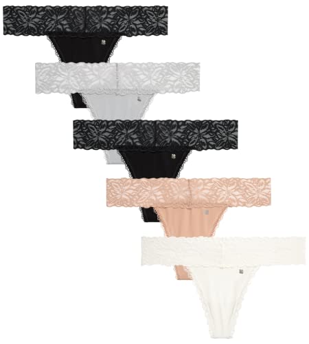 Lucky Brand Women's Underwear - 5 Pack Microfiber Stretch Lace Thong Panties (S-XL), Size Small, Black/Black/Silver Sconce/Brush/Gardenia