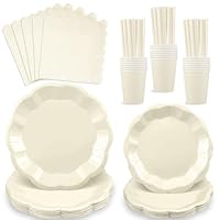 125 Stück Partygeschirr Set für 25 Gäste, Beige Gewellte Papierteller Becher Servietten Papierstrohhalme für Picknick Hochzeit Geburtstag