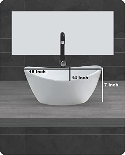 Image of Wash Basin Table Top Over Counter Vessel Sink Glossy Finish White Sink for Bathroom (16 x 14 x 7 Inch)