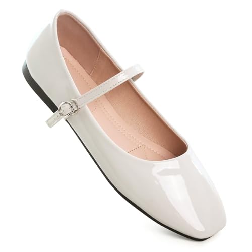 Image of TN TANGNEST Leather Flats for Women Retro Mary Jane Flats | Comfortable Square Toe Slip On Flats with Buckle Strap, Soft Work Flats Office Shoes