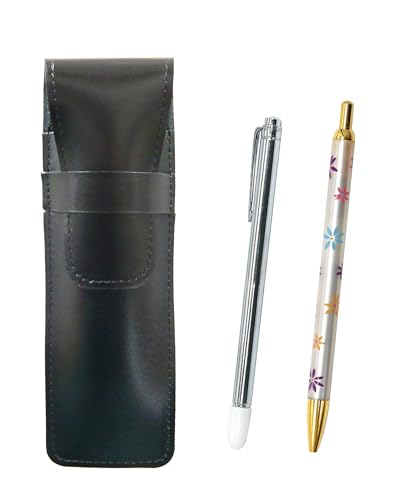 スリム牛革ペンケース黒 金属製指示棒と花柄ボールペンセット ASB-701S-HS380B