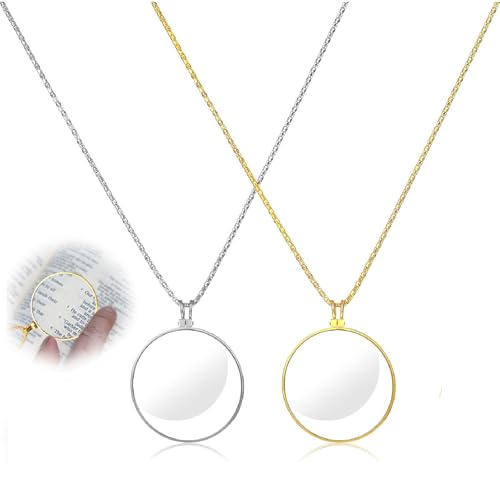 TMZELOA Set de 2 Lupa monóculo con Collar, Lupa 5X con Lente de Vidrio, Colgante Retro en Oro y Plata, diámetro 42 mm para Leer Letras pequeñas en Libros y periódicos