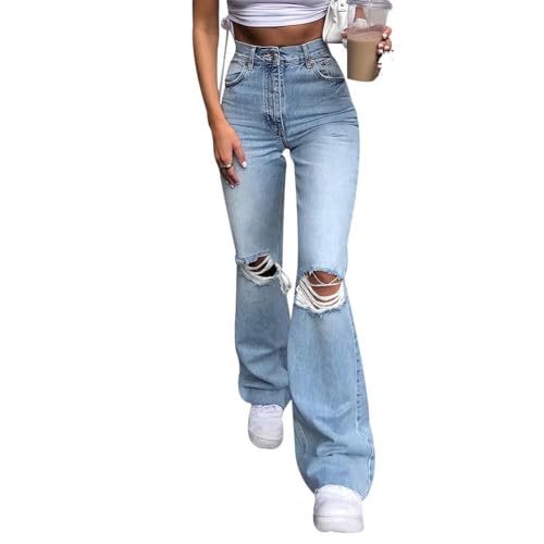 CHICFOR Women’s Zipped High Waist Ripped Flare Denim Pants Jeans Trousers