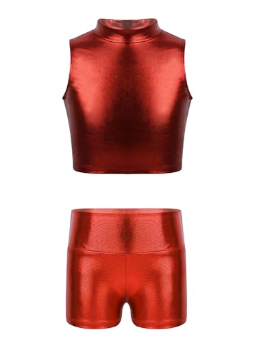 easyforever Kids Girls Metallic Gymnastics Dance Tracksuit With Shorts Dance Leotard 2 Piece Jazz Hip Hop Sport Outfits Red 8 Years