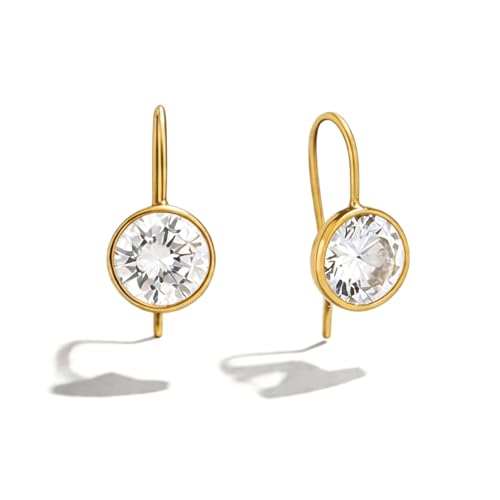 KIMDN1962 Gold Leverback Drop Earrings for Women 10mm Round Cubic Zirconia Bezel Dangle Earring Yellow Gold Plated Lever Back Small Crystal Drop Earrings with CZ Hanging Diamond for Mom Birthday (Gold)