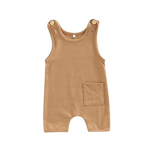 Unisex Baby Boy Girl Romper Jumpsuit Solid Sleeveless Bodysuit One Piece Outfit Summer Clothes With Pocket (Khaki, 2-3T)