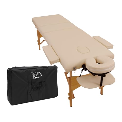 Inner Bliss Portable Massage Table 3 Section Folding Therapy Couch with Adjustable Backrest Face Cradle Armrest and Carry Case | Lightweight Spa Bed for Beauty Tattoo Physio | 60cm Wide | (Ivory)