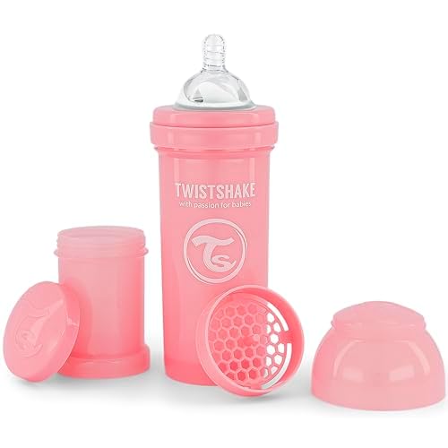 Twistshake Biberón Anti-cólicos con Tetina Similar al Pecho, Flujo Medio de Silicona para Bebés, Botella de Alimentación para Beber Leche, 260 ml, Sin BPA, 2+ Meses, Rosa Pastel