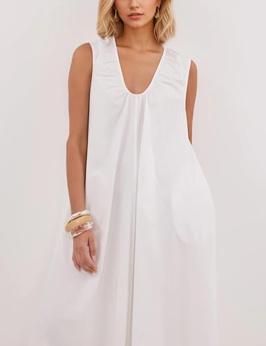 Image of Women Flowy Maxi Dress Ruched Sleeveless Long Dress Vacation Fashion Summer Casual Loose Fit Sundress with Pockets