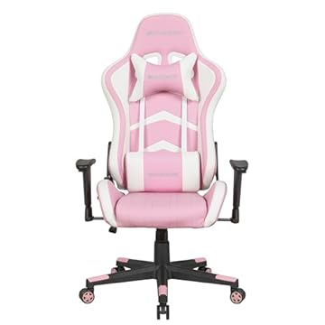 MAX RACER - Cadeira Gamer Aggressive - Cadeira Ergonômica para Jogos - Até 150kg, Braços com Regulagem de Altura, Tecido Sintético PVC, Inclinação 180°, Almofada Cervical e Lombar - Rosa e Branco