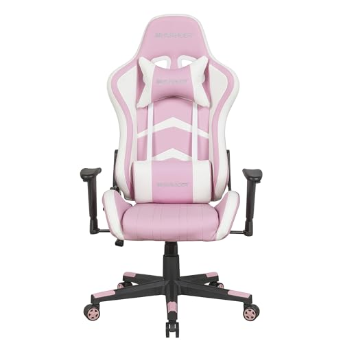 MAX RACER - Cadeira Gamer Aggressive - Cadeira Ergonômica para Jogos - Até 150kg, Braços com Regulagem de Altura, Tecido Sintético PVC, Inclinação 180°, Almofada Cervical e Lombar - Rosa e Branco