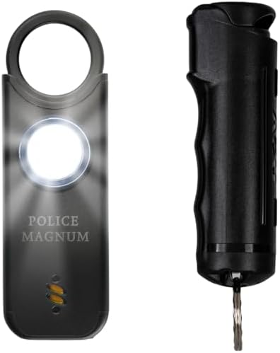 Police Magnum Personal Safety Alarm & Pepper Spray Combo Self Defense Pack for Women- Loud 135db Siren with Light & Max Strength Flip Top Pepper Spray Protection