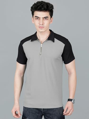 Image of London Hills Men's Loose Fit Half Sleeve Color Block Polo T-Shirt with Zip Collar | Premium Polyester Fabric | T Shirt for Man | Tshirt | Shirts Men | Tshirt for Man | Men T-Shirts