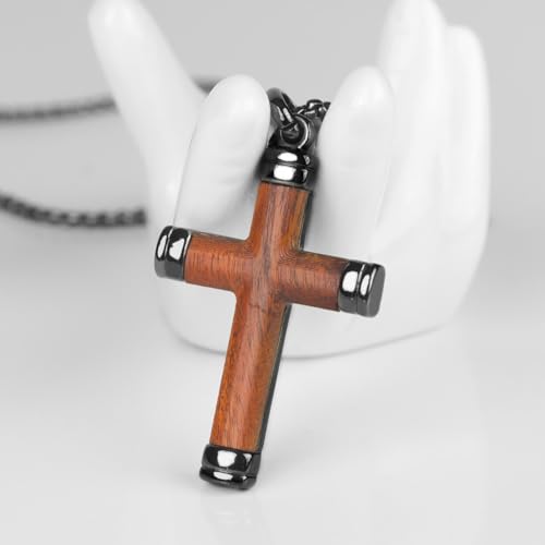 Wooden Cross Necklace for Men - Wood Inset in Stainless Steel Crucifix Pendant, Black or Silver Necklace as a Religious Gift for Birthdays, Weddings and Christmas4