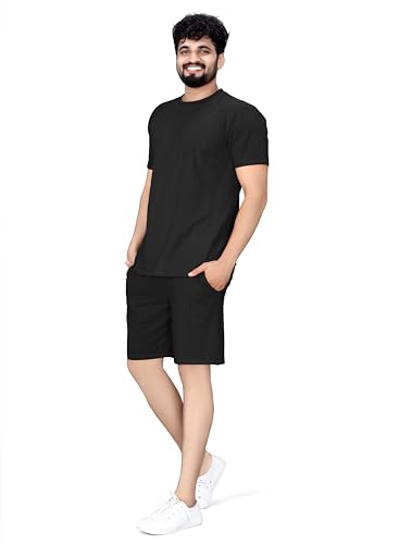 Image of ELLITI Cotton Blend Solid Casual Round Neck Half Sleeve Oversized Co-ord Set Men's, Pyjama Set, Sleepwear Loungewear T-Shirt and Shorts Combo for Men, Night Wear for Men, Night Suit for Men's