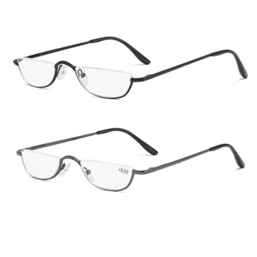 KoKoBin 2 Paires Lunettes de Vue Lecture Demi Lune ，Lunette Pour Lire Mince Demi-Monture en métal, Printemps Charnières Lunette Femme et Homme (noir,...