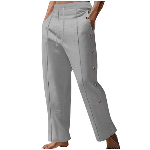 Linen Pants for Men Drawstring Ventilate Button Long Trousers Straight Loose Lounge Pants Solid Color Casual