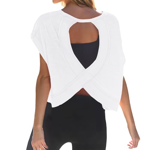 Open Back Workout Top for Women Loose Fit Backless Short Sleeve Crop Shirt Gym Yoga Athletic T Shirts White