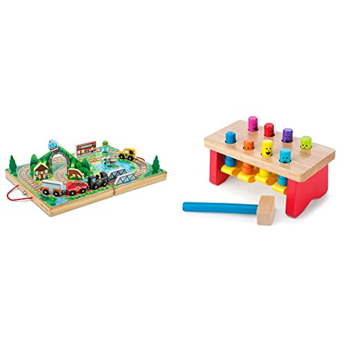 Melissa & Doug 17-Piece Wooden Take-Along Tabletop Railroad, 3 Trains, Truck,Play Pieces, Bridge & Deluxe Pounding Bench Wooden Toy with Mallet