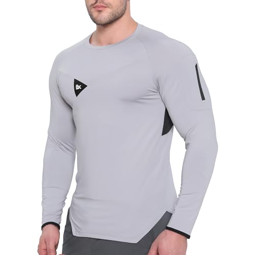 BROKIG Men's Armzip Long Sleeve Running Shirts Quick Dry Sun Protection UV UPF 50+ Jogging T Shirts Zip Pocket Gym Workout(Light Grey,Large)