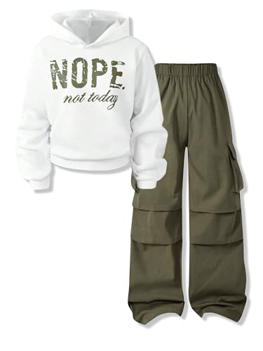 Vitalique Girls Clothes Size 7 8 Letter Print Hooded Long Sleeve Sweatshirt Cargo Pants Fall Winter Girls Outfits Size 7/8 (Green Size 7-8)