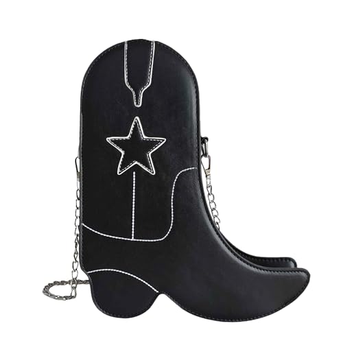 Women's Small Black Western Unique Cowboy Boot Shaped Vegan Leather Crossbody Purse Bag with Silver Chain