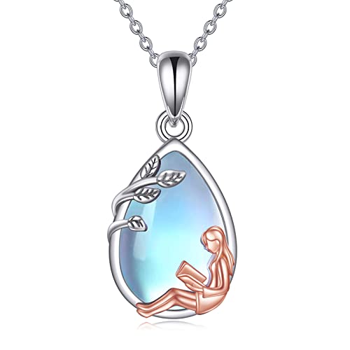 YFN Regalo per libri in argento Sterling, con ciondolo a forma di libro, con pietra di luna, per donne, ragazze, amanti dei libri