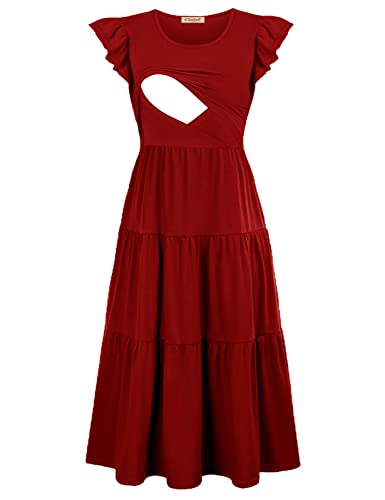 Czzzyl Mother Nursing Casual Dresses For Women Flutter Short Sleeve Maternity Cotton Summer Beach A Line Sundresses(Red,Small) #TOP1