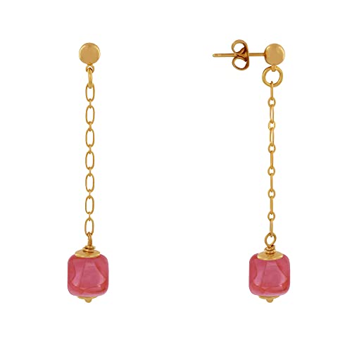 Image of LES POULETTES BIJOUX - Golden Brass Earrings Chain and Ceramic Cube - Dark Red