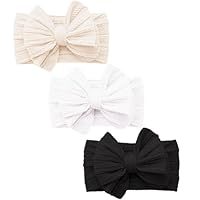 3 Stück Baby Turban Stirnband Baby Mädchen Nylon Stirnbänder Schleife Stirnband Weiche Schleife Kopfbedeckung Elastische Haarbänder für Neugeborene, Kleinkinder (Weiß Beige schwarz, eine Größe)